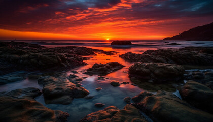 Obraz premium Tranquil sunset over idyllic waters, a natural beauty in nature generated by AI