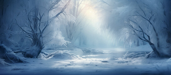 Cold season outdoors landscape, frost trees in a forest clearing ground covered with ice and snow,...