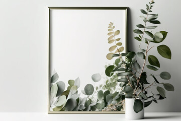 Fresh eucalyptus plant in a vase and a mock-up frame over a white wall with copy space for artwork, a photo, or a print presentation. Generative AI
