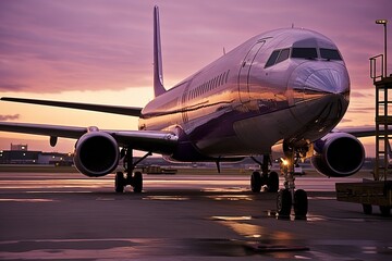 a plane is flying in, in the style of subtle lighting contrasts, flickr, purple and bronze, cargopunk, contax tix, distinctive noses, vibrant, lively - obrazy, fototapety, plakaty