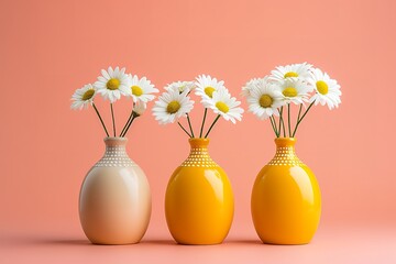 colorful vases with daisies on a yellow background, in the style of soft pastel hues, 
