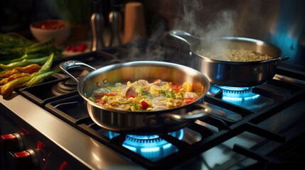 pans on the stove with food on the kitchen