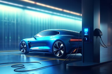 High-speed charging station for electric vehicles at home garage with blue energy battery charger. Fuel power and transportation industry concept. 3D illustration rendering