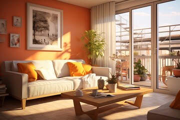 Interior renderings,simple style,living room,warm colors,fabric,warmth, home,sunshine,freshness, 