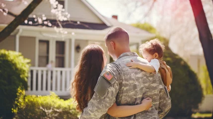 Poster A male veteran american soldier in military uniform hugs his wife and little daughter while standing in front of their house. The concept of a emotional military happy homecoming. Sunny day © Garnar