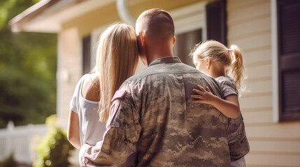 A male veteran american soldier in military uniform hugs his wife and little daughter while standing in front of their house. The concept of a emotional military happy homecoming. Sunny day