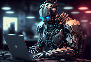 3d rendering humanoid robot working on laptop computer. High quality illustration