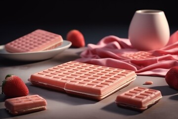 Delicious wafer covered in creamy strawberry milk, looks 3D. Generative AI
