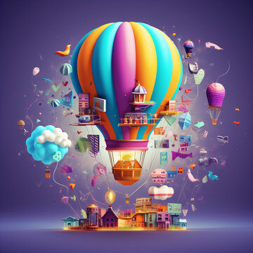 a colorful hot air balloon made of many ideas, visualization of creative thinking, creative idea generation process
