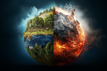 Illustration comparing global warming and climate change on planet earth with the effect on environment. Generative AI