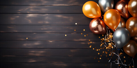Party balloons on wooden table, celebration, anniversary, new year - obrazy, fototapety, plakaty