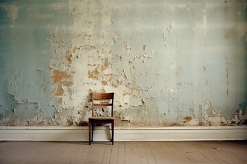 worn wall, peeling paint, wooden floor, room. Generative AI