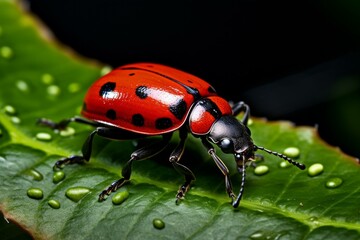 Red beetle on green leaf. Generative AI