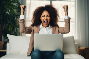 Excited happy african american woman feeling winner rejoicing online win got new job opportunity, overjoyed motivated mixed race girl student receive good test results on laptop celebrating admission - obrazy, fototapety, plakaty