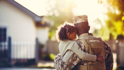 African american veteran soldier in uniform hugs his little daughter touchingly and tightly while standing in front of their house. Emotional military happy homecoming concept. sunny day. copy space - obrazy, fototapety, plakaty