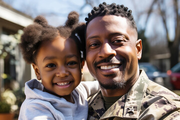 Emotional military homecoming. Portrait of a happy male soldier hugging his daughter after returning home from the army. African american military servicemen reuniting with family after serving - obrazy, fototapety, plakaty