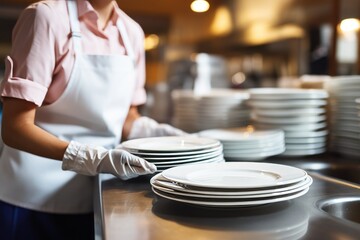 Washing White Dishes. Hands Holding and Cleaning White Plates in Modern Kitchen, Home or Restaurant - obrazy, fototapety, plakaty