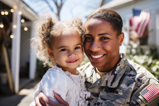 Emotional Military Homecoming. Portrait Of A Happy Female Soldier Hugging Daughter After Returning Home From The Army. African American Military Servicewomen Reuniting With Family After Serving