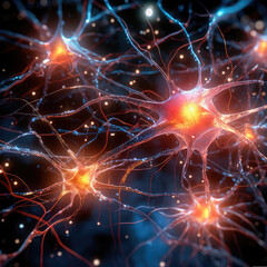 Illustration of a human nerve cell on a dark blue background with light effects. The nerve cell interacts by means of a light pulse. Generative AI