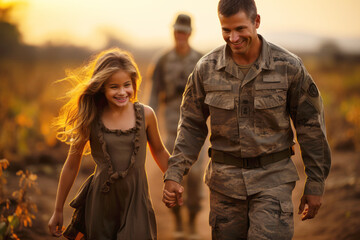 Fototapeta premium An emotional military homecoming. Portrait of a happy male soldier walking with his daughter by the hand after returning home from the army. Concept of reuniting with family after service. Sunset rays