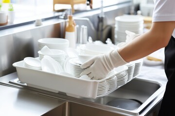 Man Washing Dishes at Home: Hands Holding Clean White Plates in the Kitchen. Lifestyle.