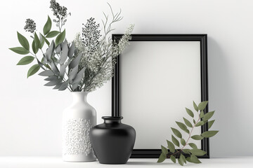 Black vase, white frame. Generative AI
