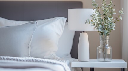Bright modern bedroom with white pillows and a lamp on the bedside table