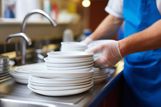 Washing White Dishes. Hands Holding and Cleaning White Plates in Modern Kitchen, Home or Restaurant