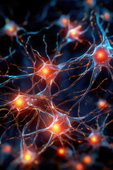 Illustration of a human nerve cell on a dark blue background with light effects. The nerve cell interacts by means of a light pulse. Generative AI