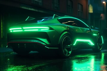 Futuristic green hybrid car with glowing lights drives through a dark city. Nightlife vibes. Generative AI