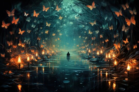 Luminescent fireflies, guiding lost souls through the depths of the night - Generative AI