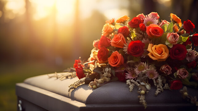 A bouquet of flowers on a grave the flowers are a mix of red orance and yellow and arranged in a cascade style. the sun is chining in the background,casting a warm ,golden light on scene coffin