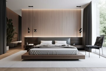 Contemporary bedroom with a minimalistic design. Generative AI