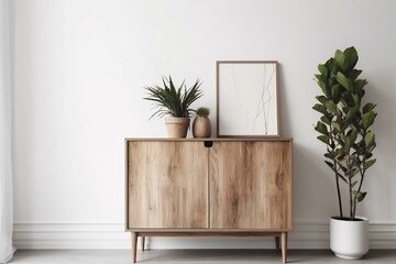 Interior with accessories on wooden cabinet, minimalistic design with green plants, white wall, and copy space. Generative AI