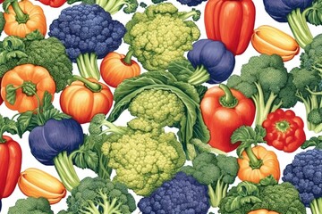 Fresh vegetable pattern illustration featuring broccoli and bell peppers at a farmers market. Generative AI