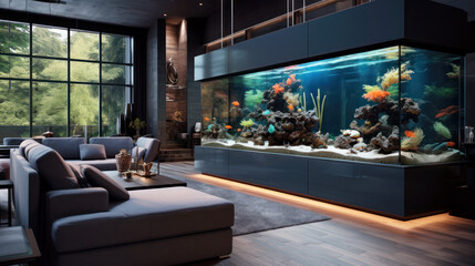 Modern house interior design, luxury aquarium inside villa or mansion. Large contemporary living room. Concept of eco home style - obrazy, fototapety, plakaty