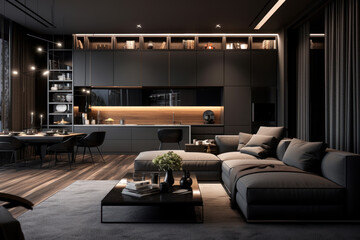 Modern home interior with dark brown design, luxury living room in minimalist style. Concept of contemporary apartment