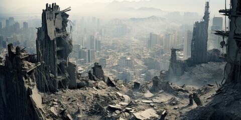 Destroyed city during war, buildings view from top of damaged skyscraper. Apocalyptic scene after missile attack or bombing - obrazy, fototapety, plakaty