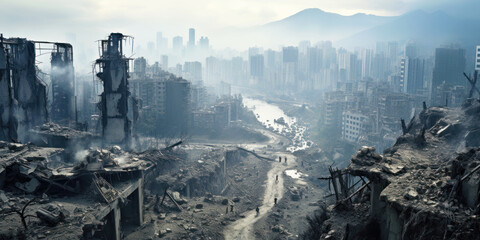 Modern city during war, aerial view of destructions and buildings ruins. Apocalyptic panorama of destroyed houses, road and fog