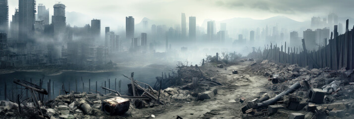Panorama of destroyed city, scenery of destructions, ruins and rubbles. Apocalyptic misty view of road and river. Concept of global conflict, dystopia, disaster