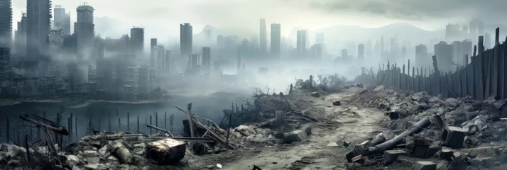 Foto op Plexiglas Panorama of destroyed city, scenery of destructions, ruins and rubbles. Apocalyptic misty view of road and river. Concept of global conflict, dystopia, disaster © karina_lo