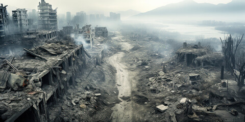 Destroyed city, road between buildings ruins and rubble, urban destructions. Deserted street during war. Concept of wasteland, apocalypse, - obrazy, fototapety, plakaty
