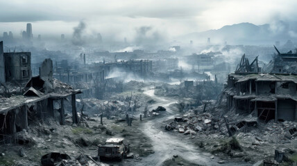 Destroyed city during war, destructions and smoke after missile attack. Panorama of foggy modern buildings ruins as wasteland. Concept of apocalypse - obrazy, fototapety, plakaty