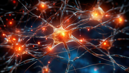 Illustration of a human nerve cell on a dark blue background with light effects. The nerve cell interacts by means of a light pulse. Generative AI