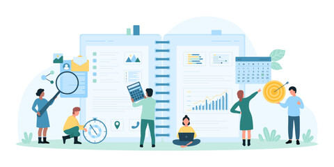 Project management and planning teamwork vector illustration. Cartoon team of tiny people working with magnifying glass, calculator and timer, laptop to plan meeting, schedule in open planner journal