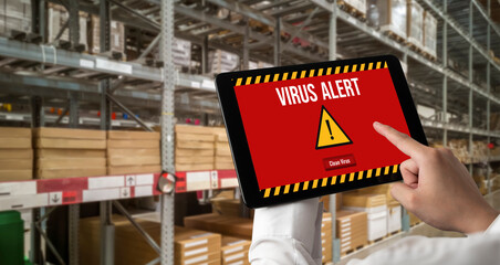 Virus warning alert on computer screen detected modish cyber threat , hacker, computer virus and...