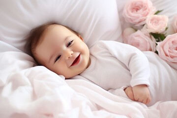 Adorable Newborn Smiling Baby Girl in Light Cloth in Bright Pink Bedroom