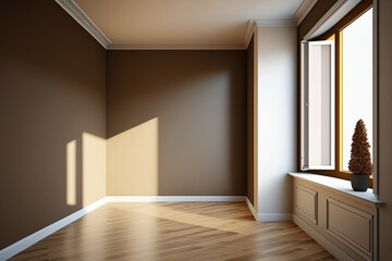Corner of an empty room with white ceiling, large window, glossy parquet flooring, and brown stucco walls. A perspective. example with a work path on the window. Generative AI
