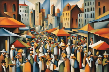 cubist style abstract painting of a modern urban city market bustling with people with geometric shapes and bold colors - obrazy, fototapety, plakaty