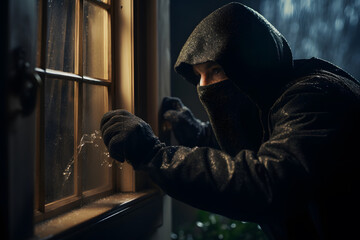 Burglar breaking into house at night - obrazy, fototapety, plakaty